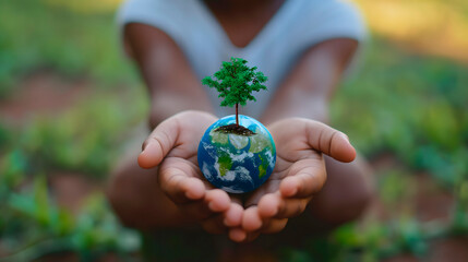 Manos de un niño sosteniendo un pequeño planeta tierra del que nace un árbol como símbolo de la lucha contra el cambio climático  - obrazy, fototapety, plakaty