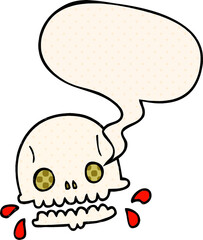 cartoon spooky skull and speech bubble in comic book style
