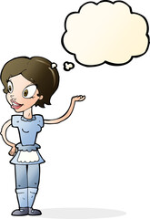 cartoon woman in maid costume with thought bubble