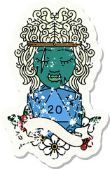 half orc barbarian character with natural twenty dice roll illustration