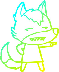 cold gradient line drawing cartoon wolf showing teeth
