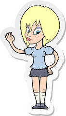 sticker of a cartoon pretty woman waving