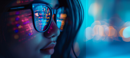 Girl works on internet. Reflection at the glasses from laptop..Close up of woman's eyes with black female glasses for working at a computer. Eye protection from blue light and rays.