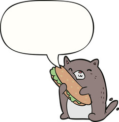 cartoon cat loving the amazing sandwich he's just made for lunch and speech bubble