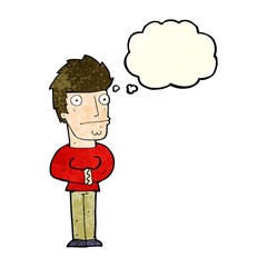 cartoon worried man with thought bubble
