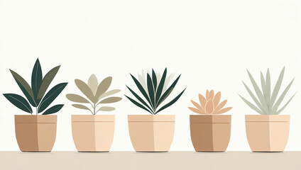 Group of houseplants in a row, flat style illustration in muted beige and green tones with copy space