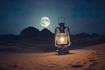 Desert night concept with light from a kerosene lamp