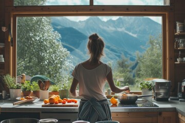 A woman is in her modern but rustic kitchen preparing a meal with a beautiful view of the mountain through the window. 