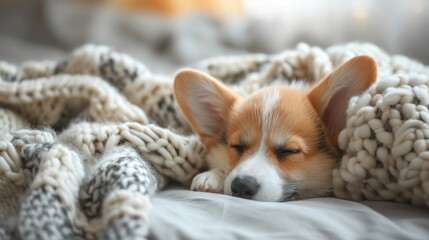 little puppy corgi rest on checkered plaid