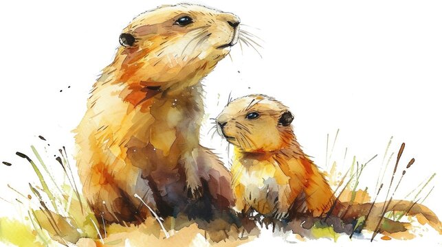 watercolor baby and mother Prairie dogs, isolated on white background