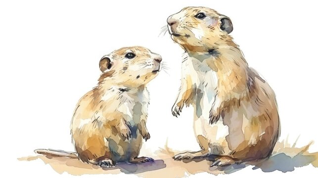 watercolor baby and mother Prairie dogs, isolated on white background