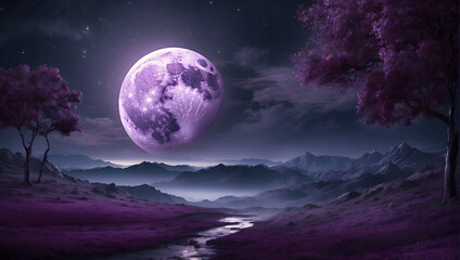 Fototapeta na wymiar the Fantasy full moon background and river. a river night landscape with full moon. 4k. high quality wallpaper 