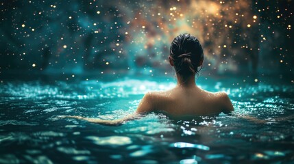 young woman bath in universe with stars, back view