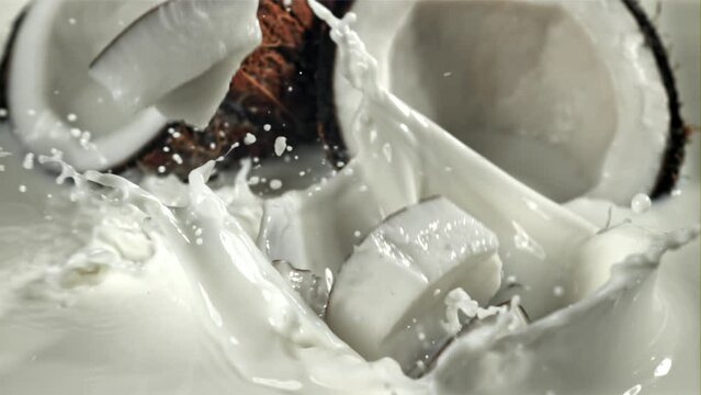 Pieces of coconut fall into the milk with splashes. Filmed on a high-speed camera at 1000 fps. High quality FullHD footage
