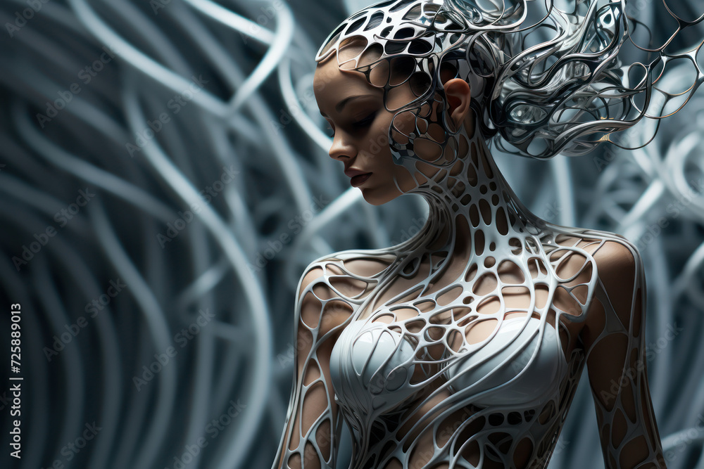 Poster digital lines and curves merge to form an abstract human figure, representing the fusion of technolo