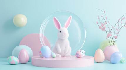 Cute toy rabbit and Easter decorations on a podium in soft pastel colors