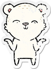 distressed sticker of a happy cartoon polar bear shrugging shoulders