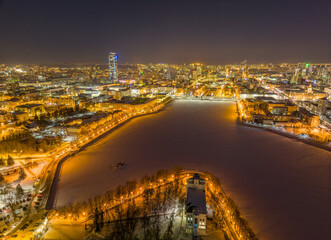 Obraz premium Yekaterinburg aerial panoramic view in Winter at sunset. Ekaterinburg is the fourth largest city in Russia located in the Eurasian continent on the border of Europe and Asia.