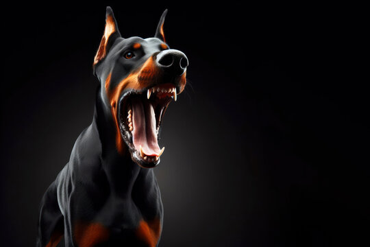 angry doberman dog with open mouth isolated on black solid background. ai generative