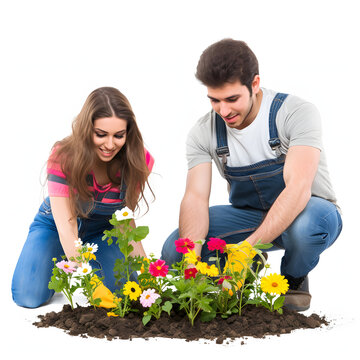 A young couple planting flowers in their garden isolated on white background, space for captions, png
