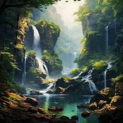 A picturesque place with a waterfall in the forest among the mountains