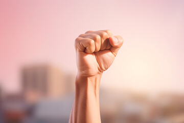 Raised fist in front of blurry background