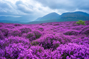 Fototapeta premium Vast field of purple Scottish heather flowers, overcast, Scotland landscape