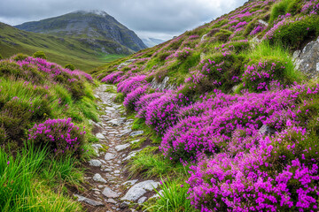 Purple Scottish heather flowers growing along a rocky path, Scotland landscape, travel, explore,...