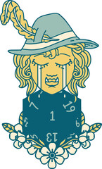 sad half orc bard character with natural one d20 roll illustration