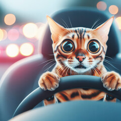 bengal cat with a funny scared face with bulging eyes driving a car. ai generative