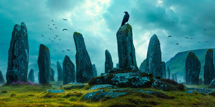 Crow perched atop ancient menhir standing stone, Ireland, Celtic, the Morrigan myth legend, wide banner