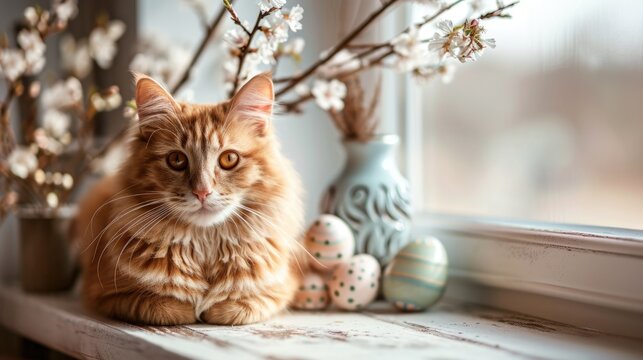 photo of ginger colored cat sitting in on the windiwsill , spring decor, Easter decoration on background, free copy space on the left --ar 16:9 --v 6 Job ID: 3458a9fa-4bdd-4de1-bbdb-52acae0bba95