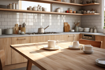 Fototapeta na wymiar A spotless, sunlit kitchen showcases polished surfaces and gleaming appliances, symbolizing the epitome of culinary cleanliness. Generative Ai.