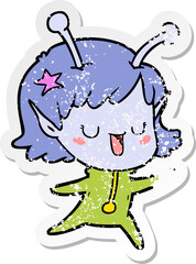 distressed sticker of a happy alien girl cartoon
