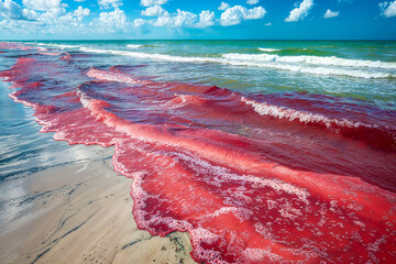 Red tide algal bloom on the beach, artist's impression - obrazy, fototapety, plakaty