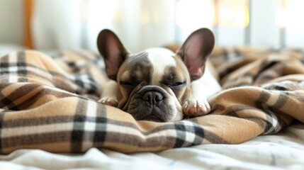 cute cheerful french bulldog puppy, sleep relaxed on checkered plaid - obrazy, fototapety, plakaty