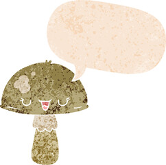 cartoon mushroom and speech bubble in retro textured style