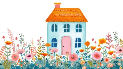 bright house in simple naive style, minimalistic floral background around 