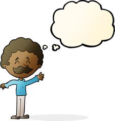 cartoon man with mustache waving with thought bubble