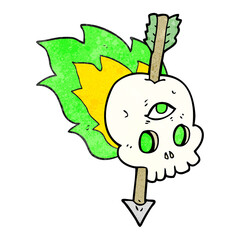 textured cartoon magic skull with arrow through brain