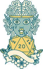 elf barbarian character face with natural twenty dice roll illustration