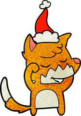 friendly textured cartoon of a fox waking up wearing santa hat