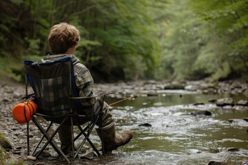 A boy is sitting in a camping chair and fishing in a creek with muddy feet.  - obrazy, fototapety, plakaty