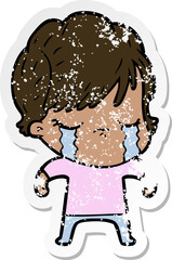 distressed sticker of a cartoon woman crying
