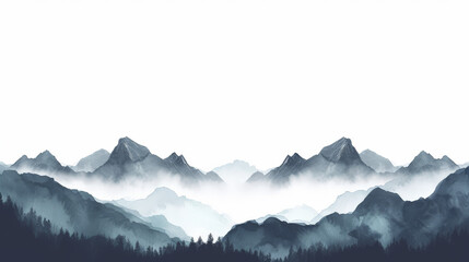 Layered mountains with mist and a forest silhouette in monochrome. - obrazy, fototapety, plakaty