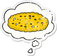 cartoon pizza and thought bubble as a distressed worn sticker