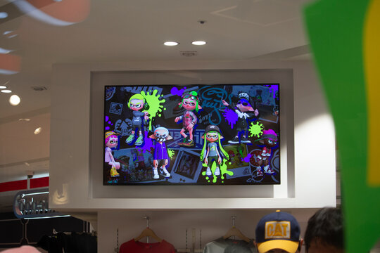 Tokyo, Japan, 29 October 2023 : Splatoon-themed display on a digital screen in a store.