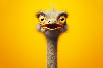 ostrich head on a yellow background with a surprised look on its face. ai generative
