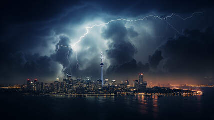 Storm over a big city with lightings clouds and rain