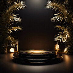 Obraz premium Golden dark podium product platform mockup on a black background featuring tropical palm leaves.